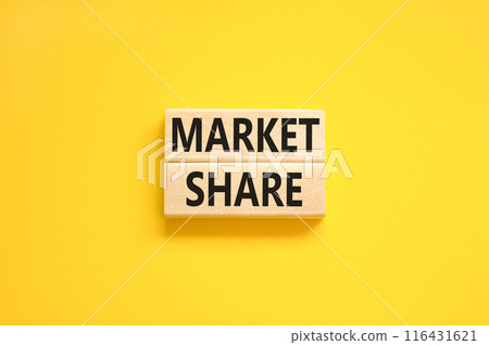 Market share symbol. Concept words Market share on beautiful wooden block. Beautiful yellow table yellow background. Business and Market share concept. Copy space. Market share symbol. Concept words Market share on beautiful wooden block. Beautiful yellow table yellow background. Business and Market share concept. Copy space. 116431621