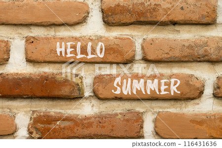 Hello summer symbol. Concept words Hello summer on beautiful brick wall. Beautiful red brown brick wall background. Business lifestyle Hello summer concept. Copy space. Hello summer symbol. Concept words Hello summer on beautiful brick wall. Beautiful red brown brick wall background. Business lifestyle Hello summer concept. Copy space. 116431636