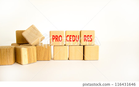 Procedures symbol. Concept word Procedures on beautiful wooden blocks. Beautiful white background. Business procedures concept. Copy space. Procedures symbol. Concept word Procedures on beautiful wooden blocks. Beautiful white background. Business procedures concept. Copy space. 116431646