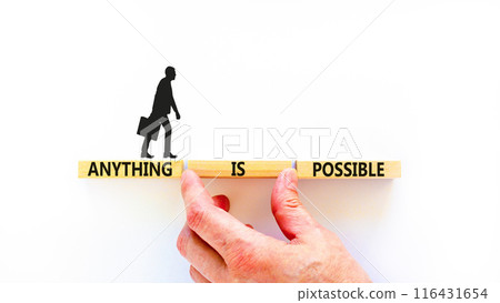 Anything is possible symbol. Concept words Anything is possible on beautiful wooden blocks. Beautiful white table white background. Businessman hand. Business anything possible concept. Copy space. 116431654