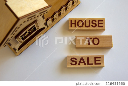 Wooden blocks form the words 'house to sale' near miniature house. Beautiful white background, copy space. Wooden blocks form the words 'house to sale' near miniature house. Beautiful white background, copy space. 116431660