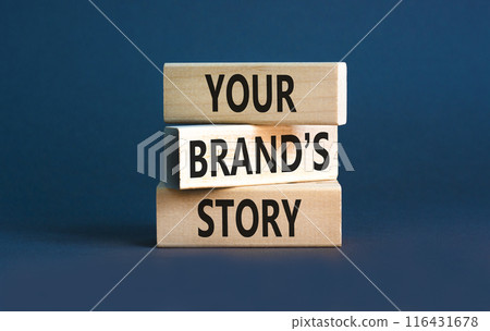 Branding and your brand story symbol. Concept words Your brands story on beautiful wooden blocks. Beautiful grey table grey background. Business branding your brand story concept. Copy space. 116431678