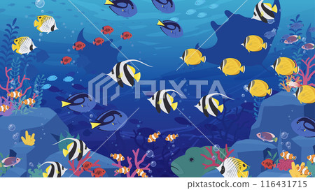 Background illustration of tropical fish swimming on the ocean floor with rocks and coral_16:9 116431715