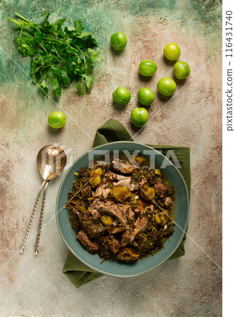 chakapuli, Georgian dish, stewed meat with herbs and tkemali, in white wine, homemade, no people, chakapuli, Georgian dish, stewed meat with herbs and tkemali, in white wine, homemade, no people, 116431740