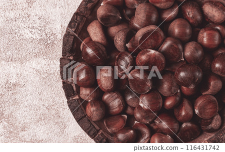 fresh chestnuts, in a wooden bowl, top view, no people, fresh chestnuts, in a wooden bowl, top view, no people, 116431742