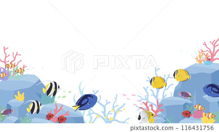 熱帶魚在有岩石和珊瑚的海底游泳的背景圖_16:9 熱帶魚在有岩石和珊瑚的海底游泳的背景圖_16:9 116431756