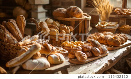 A rustic display of various freshly baked artisanal bread in a bakery. A rustic display of various freshly baked artisanal bread in a bakery. 116432110