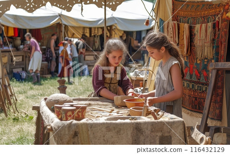 Two young girls engaging in traditional pottery making at a medieval marketplace setting. 116432129