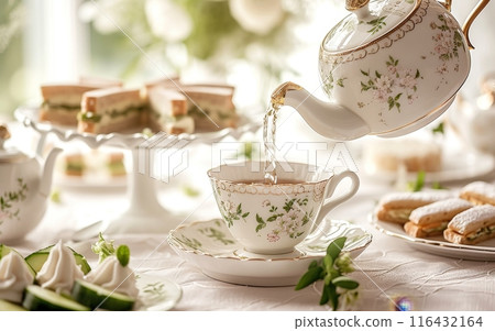 Vintage afternoon tea setup with a classic teapot pouring into a cup, accompanied by sandwiches and pastries on a white table. 116432164