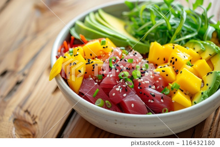 A delectable poke bowl feast showcasing fresh tuna, colorful vegetables, and ripe mango, topped with a sprinkle of black sesame. 116432180