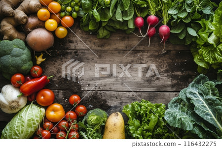 A bountiful assortment of fresh garden vegetables on a wooden background with copy space for text. A bountiful assortment of fresh garden vegetables on a wooden background with copy space for text. 116432275