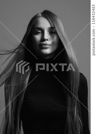 happy beautiful blond woman black and white portrait 116432483