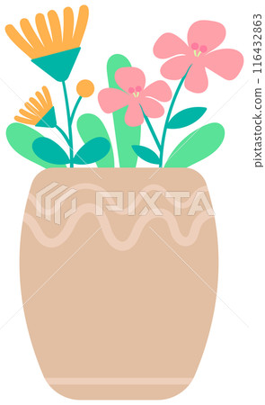 Kid hand drawn cute colorful Spring Summer flower in ceramic pot Kid hand drawn cute colorful Spring Summer flower in ceramic pot 116432863