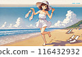 A woman in a white dress walking on the beach 116432932