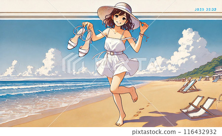 A woman in a white dress walking on the beach 116432932