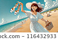 A woman in a white dress walking on the beach 116432933