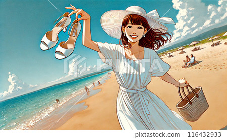 A woman in a white dress walking on the beach 116432933