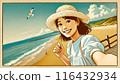 Woman in a white dress looking at the camera on the beach 116432934