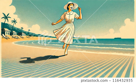 Woman in white walking on the beach 116432935