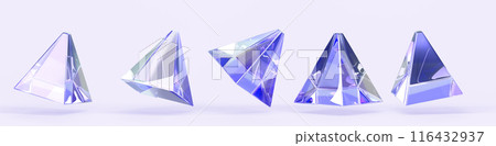 3d crystal light holographic glass pyramid isolated render icon. Abstract geometric triangle shape set with rainbow neon hologram gradient texture, design element in different angles. 3D illustration 3d crystal light holographic glass pyramid isolated render icon. Abstract geometric triangle shape set with rainbow neon hologram gradient texture, design element in different angles. 3D illustration 116432937