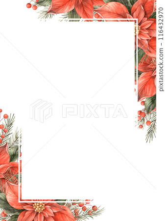 Poinsettia, Christmas red flower and green leaves. Hand drawn watercolor botanical design template in Christmas style. Ideal for Christmas invitations, greeting cards, flyers and seasonal promotions Poinsettia, Christmas red flower and green leaves. Hand drawn watercolor botanical design template in Christmas style. Ideal for Christmas invitations, greeting cards, flyers and seasonal promotions 116432970