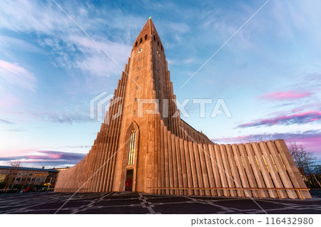 Hallgrimskirkja Lutheran church with basalt column stacks inspiration in the sunset at Reykjavik, Iceland 116432980