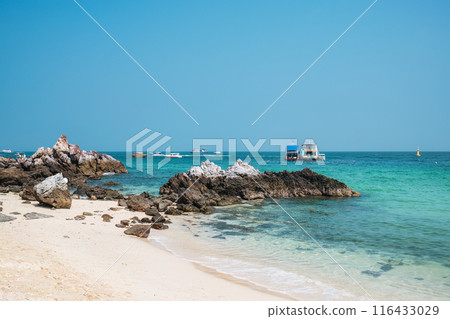 Tropical turquoise sea with reef rock on the beach in sunny day Tropical turquoise sea with reef rock on the beach in sunny day 116433029