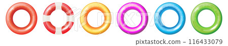 Set of color swimming inflatable rings, ifebuoys or lifesavers isolated on transparent background. swiming water pool rubber toy collection. Realistic summer 3d illustration. 116433079
