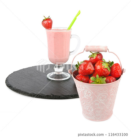 Glass with strawberry smoothie and bucket of berries isolated on white. Collage. 116433100