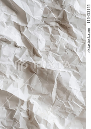 Crumpled white paper texture, vertical background, close up view. Generative AI 116433163