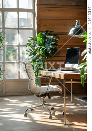 Home modern office desk with white chair and sunlight. Generative AI 116433164