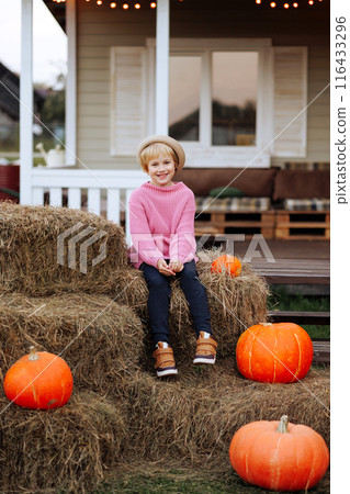 A young girl sits on hay bales in front of pumpkins. 116433296