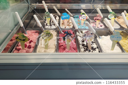 Different flavors of italian ice cream at Genoa Italy 116433355