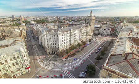 Constitution Square with historical buildings aerial timelapse in Kharkiv, Ukraine. Constitution Square with historical buildings aerial timelapse in Kharkiv, Ukraine. 116433407