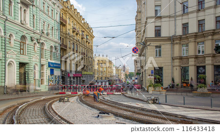 Workers with protective mask welding reinforcement for tram tracks in the city timelapse Workers with protective mask welding reinforcement for tram tracks in the city timelapse 116433418