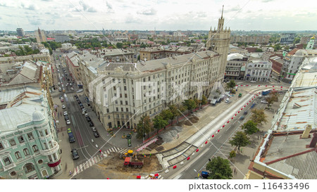 Constitution Square with historical buildings aerial timelapse in Kharkiv, Ukraine. 116433496
