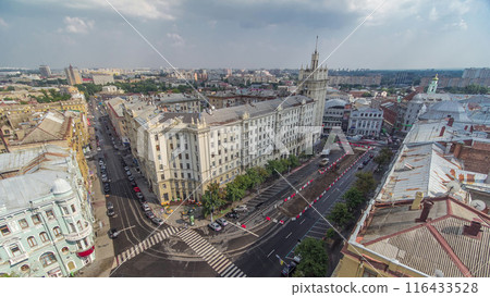 Constitution Square with historical buildings aerial timelapse in Kharkiv, Ukraine. 116433528