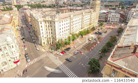 Constitution Square with historical buildings aerial timelapse in Kharkiv, Ukraine. Constitution Square with historical buildings aerial timelapse in Kharkiv, Ukraine. 116433540