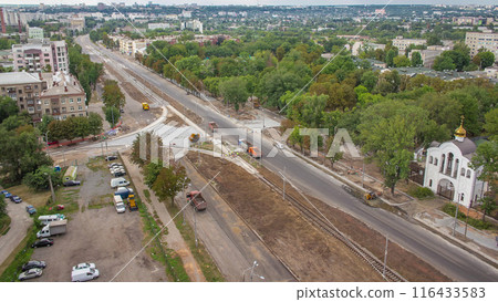 Panoramic aerial view of road big construction site timelapse 116433583