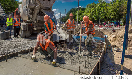 Concrete leveling works for road construction with many workers and mixer timelapse Concrete leveling works for road construction with many workers and mixer timelapse 116433602