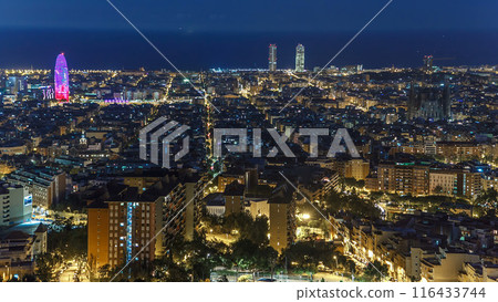 View of Barcelona timelapse, the Mediterranean sea, The tower Agbar and The twin towers from Bunkers Carmel. Catalonia, Spain. View of Barcelona timelapse, the Mediterranean sea, The tower Agbar and The twin towers from Bunkers Carmel. Catalonia, Spain. 116433744