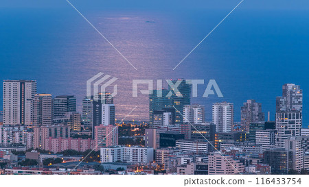 View of Barcelona skyline timelapse, the Mediterranean sea and buildings from Bunkers Carmel. Catalonia, Spain. 116433754