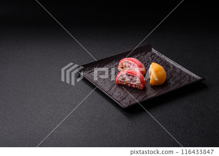 Delicious colorful asian mochi sweets with rice dough shell 116433847