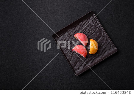 Delicious colorful asian mochi sweets with rice dough shell 116433848