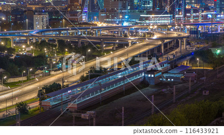 Small Ring of the Moscow Railways night timelapse in Moscow, Russia. Shelepikha Station 116433921