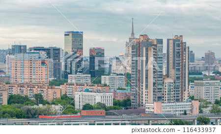 Aerial view to cityscape skyline with World Trade Center towers and hotel Ukraine timelapse in Moscow, Russia. 116433937