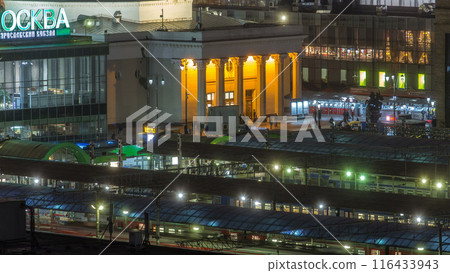 Evening top view of three railway stations night timelapse at the Komsomolskaya square in Moscow, Russia Evening top view of three railway stations night timelapse at the Komsomolskaya square in Moscow, Russia 116433943