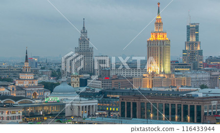 Evening top view of three railway stations day to night timelapse at the Komsomolskaya square in Moscow, Russia 116433944