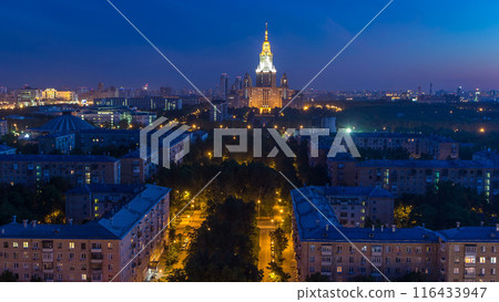 Moscow State University night to day timelapse before sunrise aerial view from rooftop. 116433947