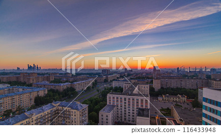 Residential buildings, Stalin skyscrapers and panorama of city at sunrise timelapse in Moscow, Russia Residential buildings, Stalin skyscrapers and panorama of city at sunrise timelapse in Moscow, Russia 116433948